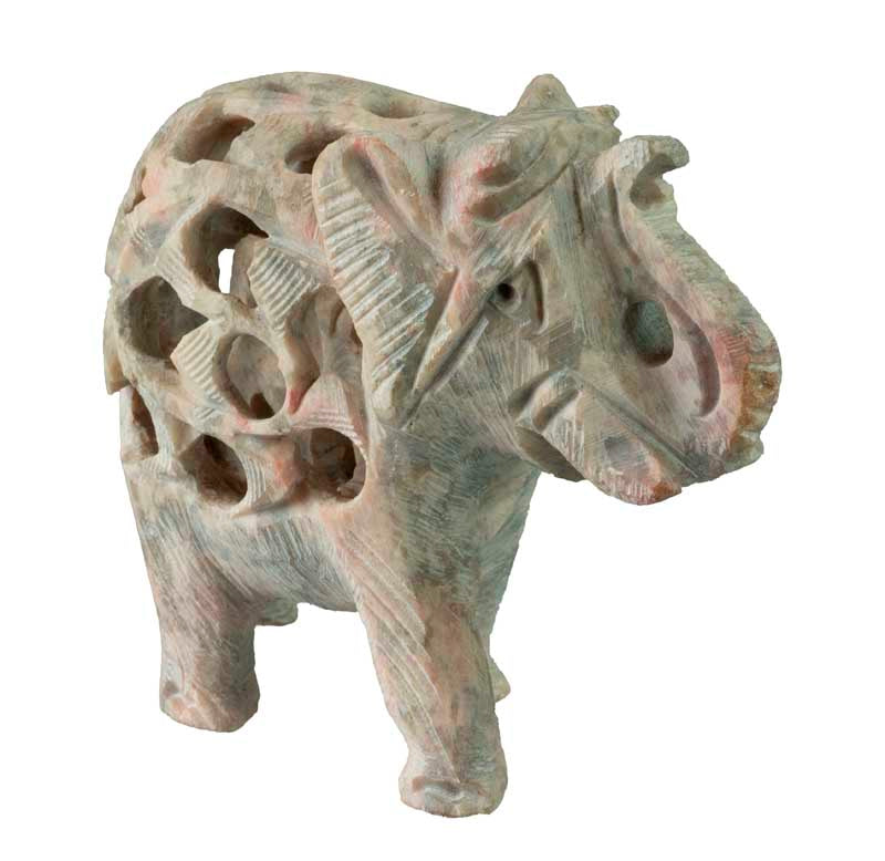 Statuette Éléphant En Pierre Stéatite – Trompe En L’Air, Artisanat Indien