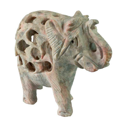 Statuette Éléphant En Pierre Stéatite – Trompe En L’Air, Artisanat Indien