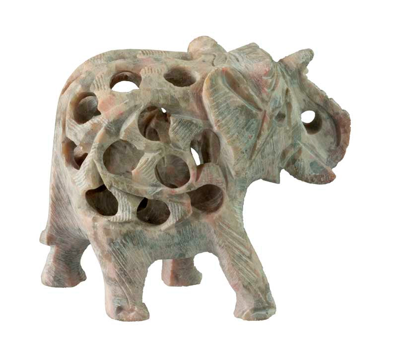 Statuette Éléphant En Pierre Stéatite – Trompe En L’Air, Artisanat Indien
