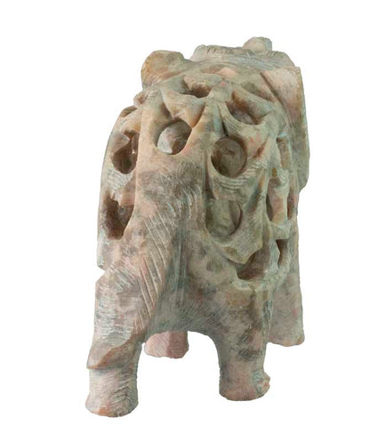 Statuette Éléphant En Pierre Stéatite – Trompe En L’Air, Artisanat Indien