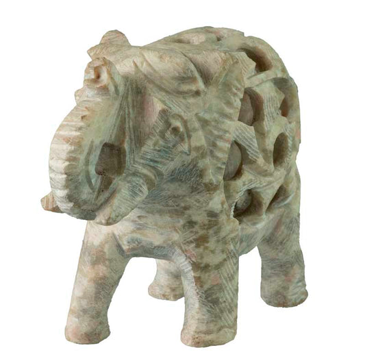 Statuette Éléphant en Pierre Stéatite – Trompe en l’Air – Artisanat Indien