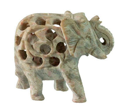 Statuette Éléphant en Pierre Stéatite – Trompe en l’Air – Artisanat Indien