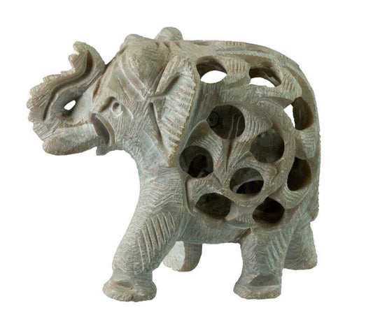 Statuette Éléphant En Pierre – Trompe En L’Air, Artisanat Indien