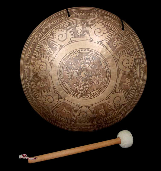 Gong Tibétain Bouddhiste Double Vajra Gravé du Népal