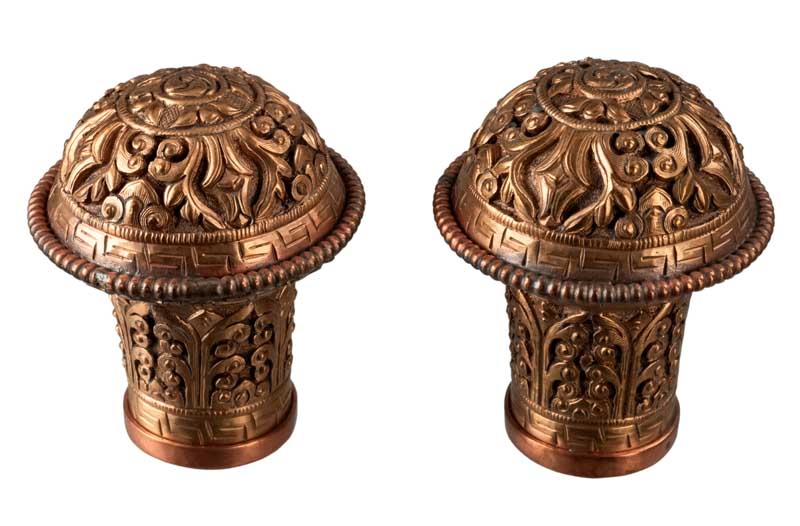 Embouts De Tringle Pour Thangka – Cuivre Repoussé Et Ciselé Du Népal