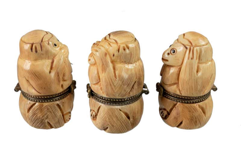 3 Singes De La Sagesse En Os – Boîte De 3 Figurines Artisanat Chinois