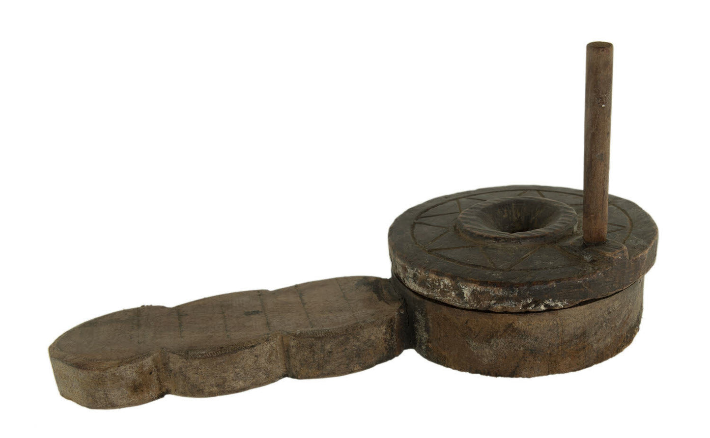 Ancien Moulin À Épices En Bois Sculpté – Artisanat Populaire Indien Et Népalais
