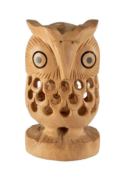 Figurine Chouette En Bois Sur Socle – Artisanat Traditionnel D'Inde
