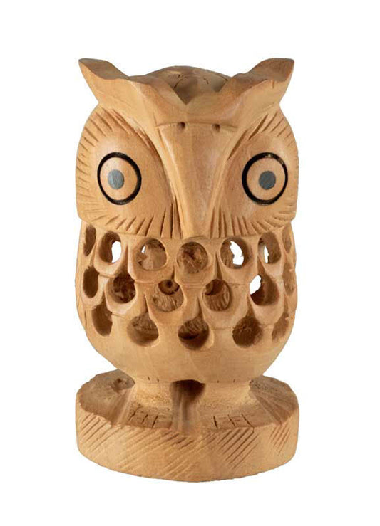 Figurine Chouette En Bois Sur Socle – Artisanat Traditionnel D'Inde
