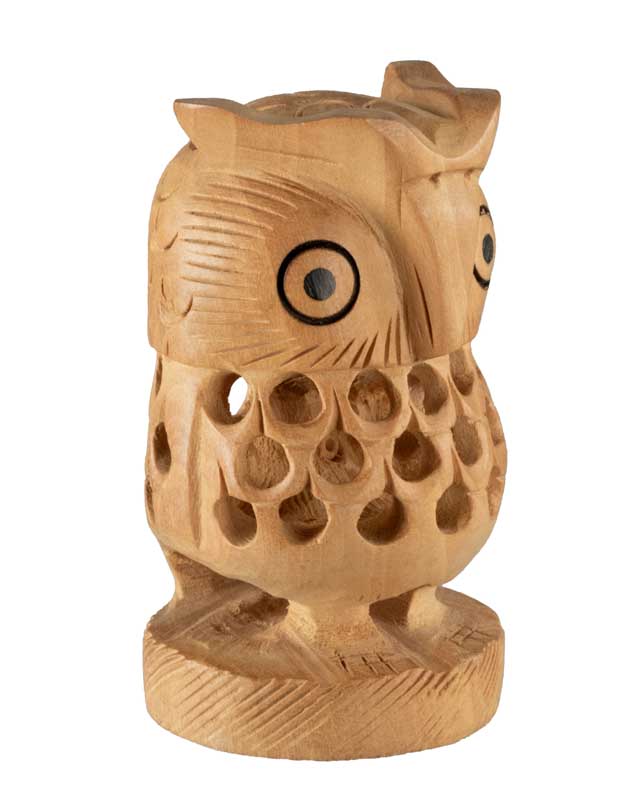 Figurine Chouette En Bois Sur Socle – Artisanat Traditionnel D'Inde