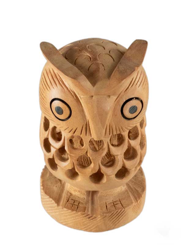 Figurine Chouette En Bois Sur Socle – Artisanat Traditionnel D'Inde