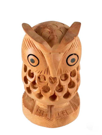 Figurine Chouette En Bois Sur Socle – Artisanat Traditionnel D'Inde