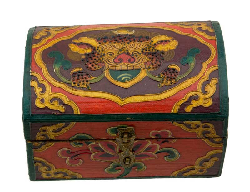 Boîte à bijoux en bois artisanale du Népal – coffret bouddhiste Chepu décor nœud infini et lotus