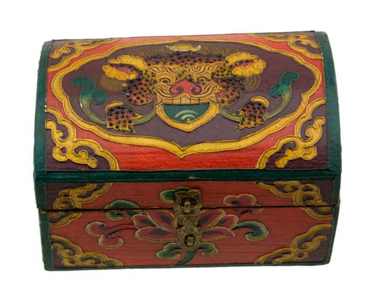 Boîte à bijoux en bois artisanale du Népal – coffret bouddhiste Chepu décor nœud infini et lotus