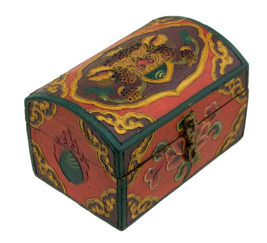 Boîte à bijoux en bois artisanale du Népal – coffret bouddhiste Chepu décor nœud infini et lotus