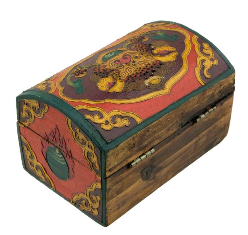Boîte à bijoux en bois artisanale du Népal – coffret bouddhiste Chepu décor nœud infini et lotus