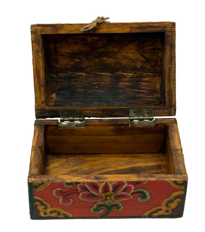 Boîte à bijoux en bois artisanale du Népal – coffret bouddhiste Chepu décor nœud infini et lotus
