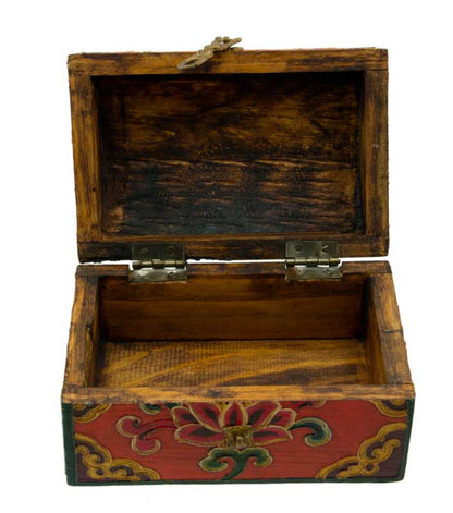 Boîte à bijoux en bois artisanale du Népal – coffret bouddhiste Chepu décor nœud infini et lotus