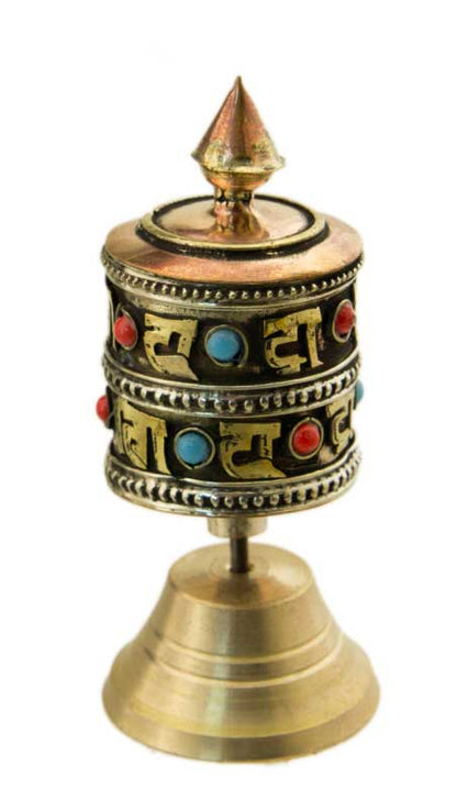 Mini moulin à prières tibétain sur socle – objet de méditation artisanal avec mantra Om Mani Padme Hum