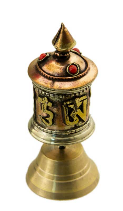 Mini moulin à prières tibétain sur socle – objet de méditation artisanal en cuivre et laiton