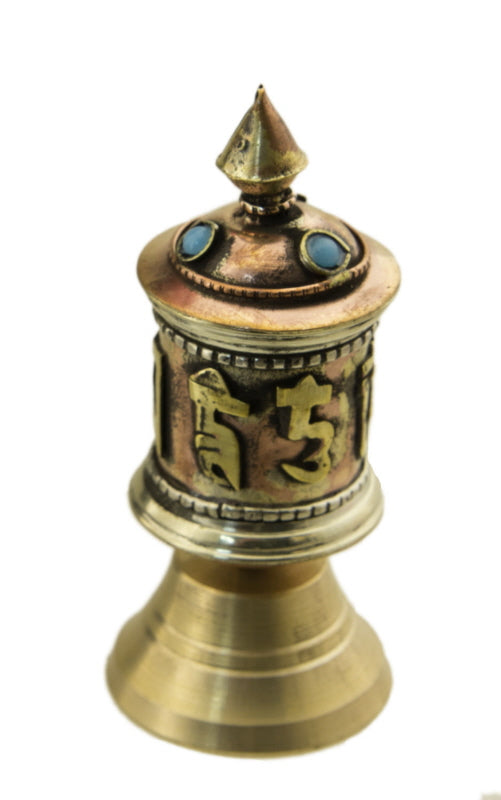 Mini moulin à prières tibétain sur socle – objet de méditation artisanal avec mantras bouddhistes