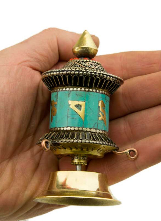 Moulin à prières tibétain de table en métal – Mani Korlo artisanal