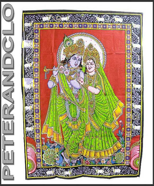 Batik Krishna et Radha avec Strass Dorés – Tenture Murale en Coton Artisanale