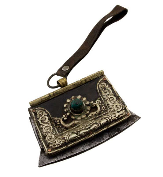 Ancien Briquet à Silex Tibétain en Fer et Laiton Ciselé