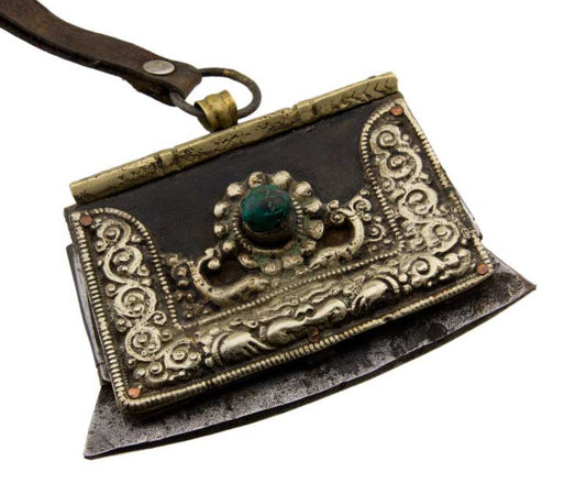 Ancien Briquet à Silex Tibétain en Fer et Laiton Ciselé