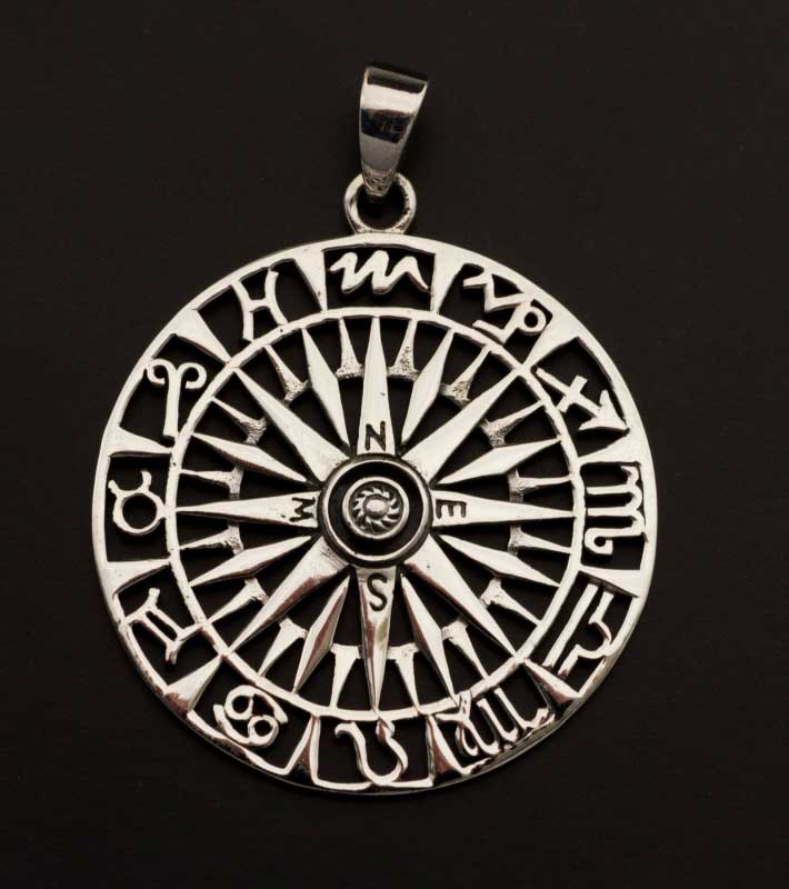 Pendentif Médaille Rose des Vents et Signes du Zodiaque en Argent Massif 925 - Viking