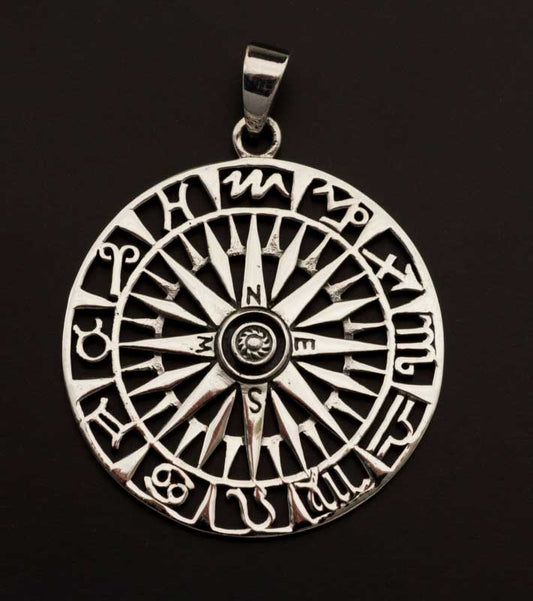 Pendentif Médaille Rose des Vents et Signes du Zodiaque en Argent Massif 925 - Viking
