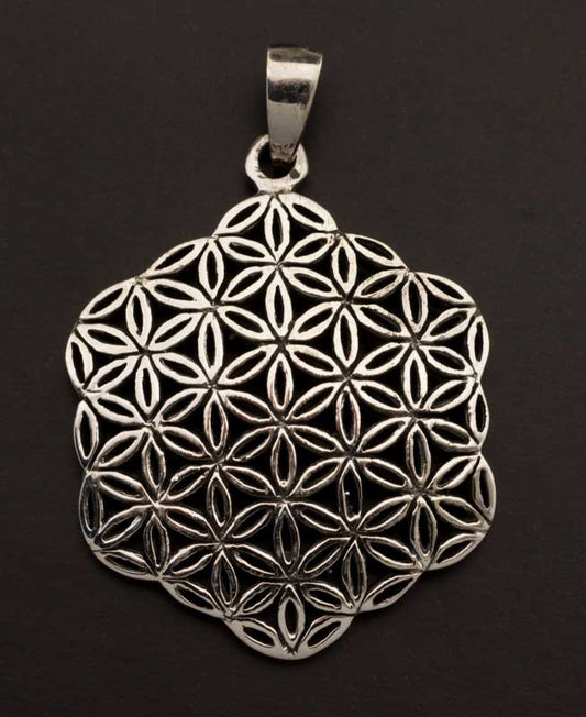 Pendentif Sri Yantra Fleur de Vie en argent massif 925 – Mandala de géométrie sacrée Yoga Zen