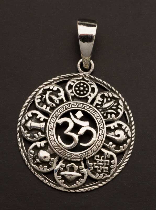 Pendentif Bouddhiste Astamangala et Om en Argent 925