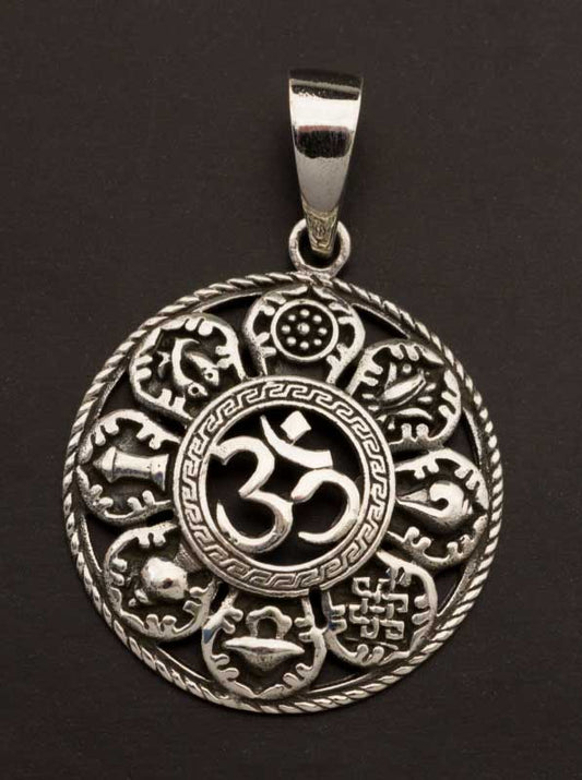 Pendentif Bouddhiste Astamangala et Om en Argent 925