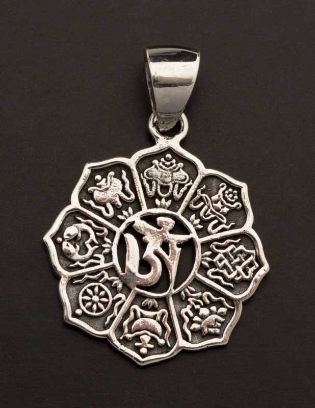 Pendentif Bouddhiste Astamangala et Om Tibétain en Argent 925