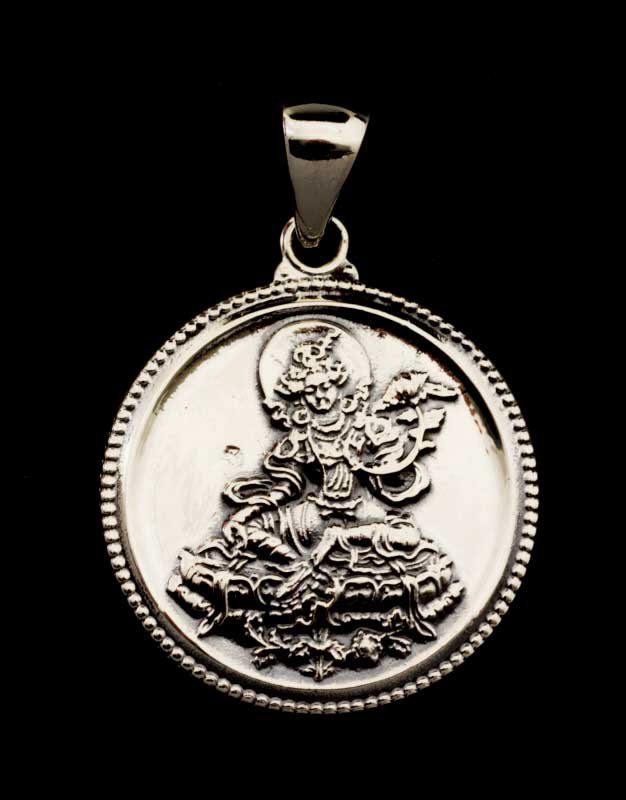 Pendentif Médaille de Tara Verte en Argent 925 et Mantra Tibétain