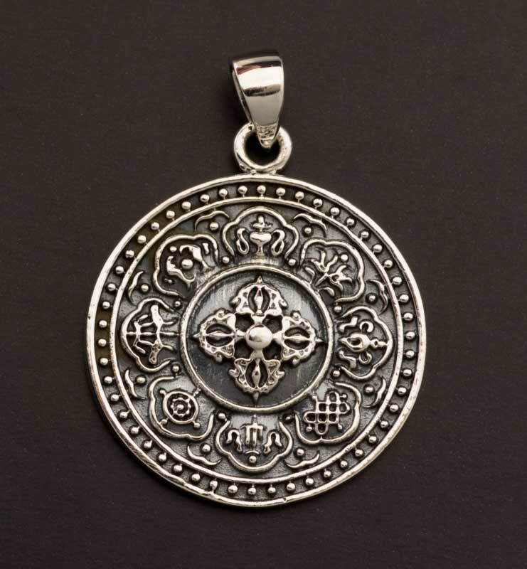 Pendentif Bouddhiste Astamangala et Double Vajra en Argent 925