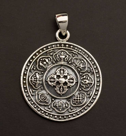 Pendentif Bouddhiste Astamangala et Double Vajra en Argent 925
