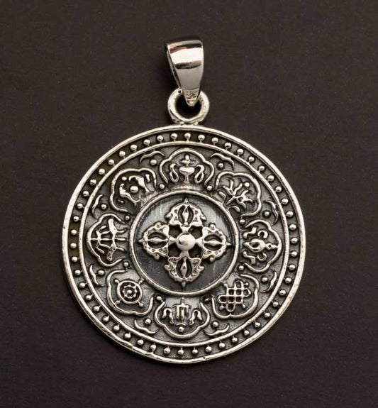 Pendentif Bouddhiste Astamangala et Double Vajra en Argent 925