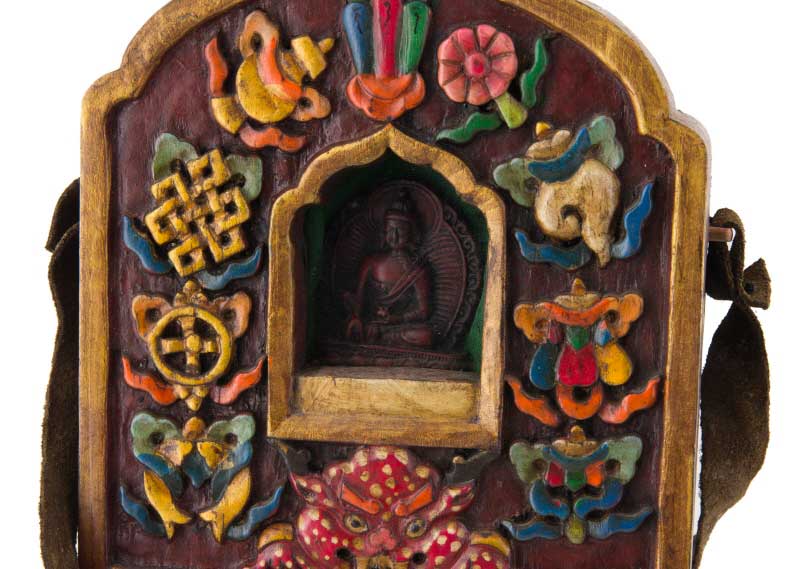 Ghau tibétain – autel votif de voyage Bouddha Médecine en bois sculpté