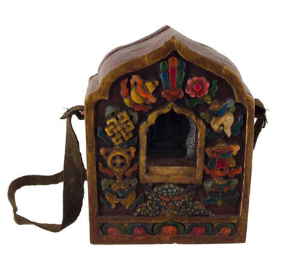 Ghau tibétain – autel votif de voyage Chenrezig en bois sculpté
