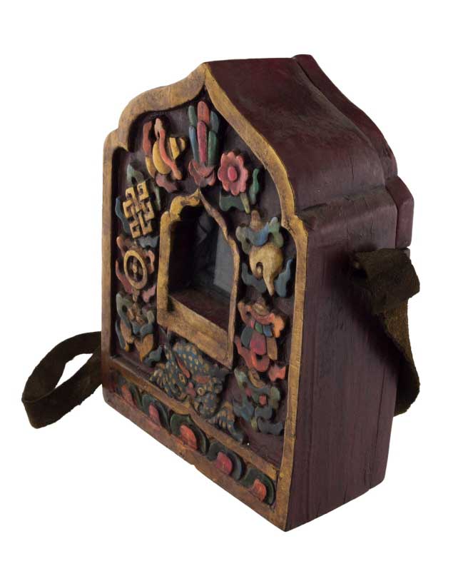 Ghau tibétain – autel votif de voyage Chenrezig en bois sculpté