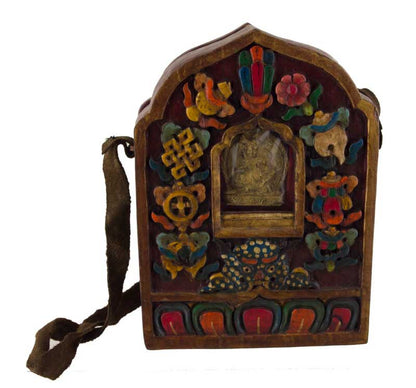 Ghau tibétain – autel votif de voyage Gourou Rinpoché en bois sculpté
