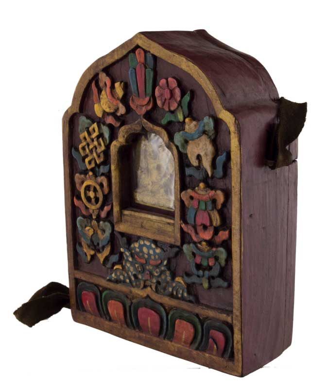 Ghau tibétain – autel votif de voyage Gourou Rinpoché en bois sculpté