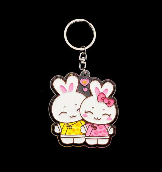 Porte-Clé de Collection « I Love You » – Couple Lapins en Métal et PVC