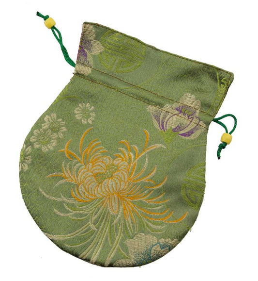 Pochette à Mala tibétaine vert et doré – Écrin de jade en brocart artisanal népalais