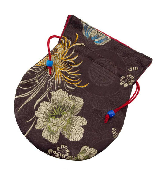 Pochette à Mala tibétaine marron – Écrin terre en brocart authentique artisanal népalais