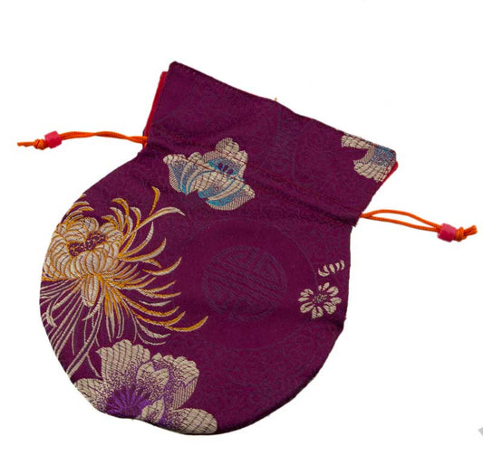 Pochette à Mala tibétaine prune et doré – Écrin royal en brocart artisanal népalais