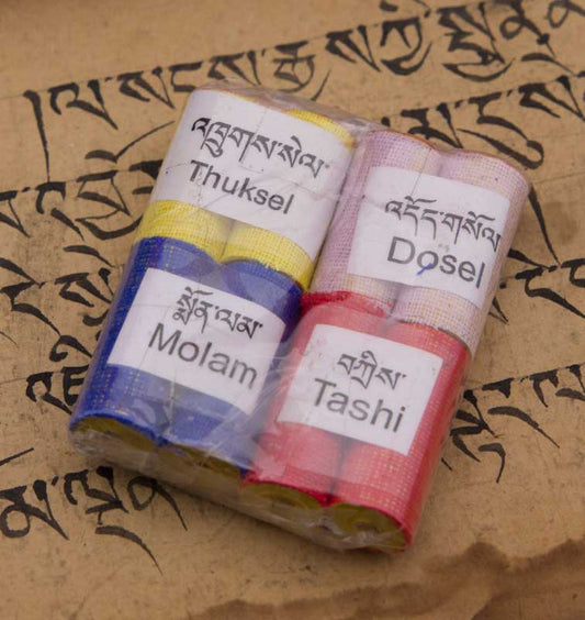Kit de Petits Rouleaux de Mantra Tibétains pour Consécration de Statue Bouddhiste – Molam, Dosel, Tashi et Thuksel