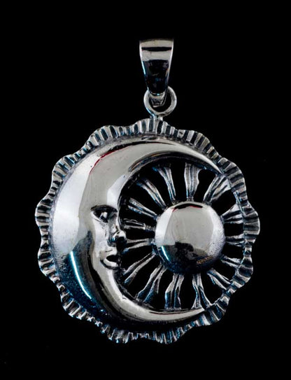 Pendentif lune et soleil – bijou ethnique astral ésotérique en argent massif 925